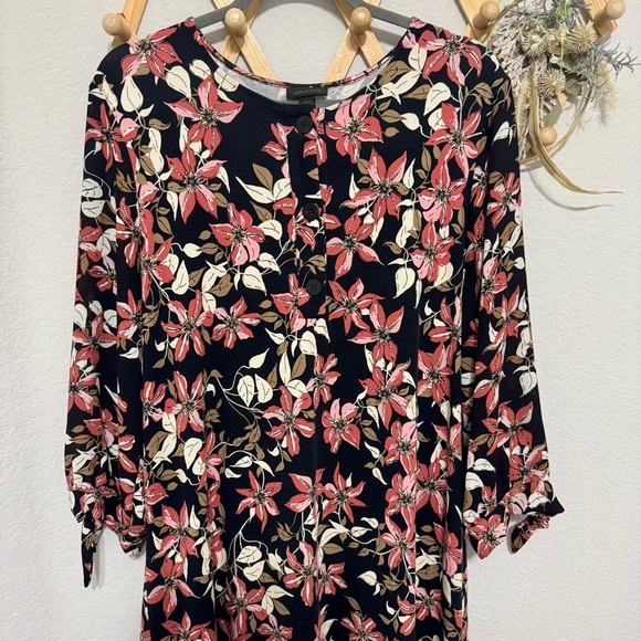 J.Jill Wearever Black Floral Tunic Rayon Blend Resortwear Mixed Shift Dress Sz L - Picture 2 of 7